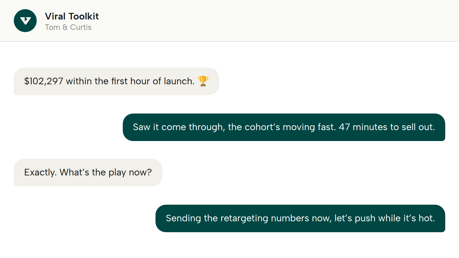 A message thread with the team: $102,297 within the first hour of launch, 47 minutes to sell out, pushing the retargeting while it is hot