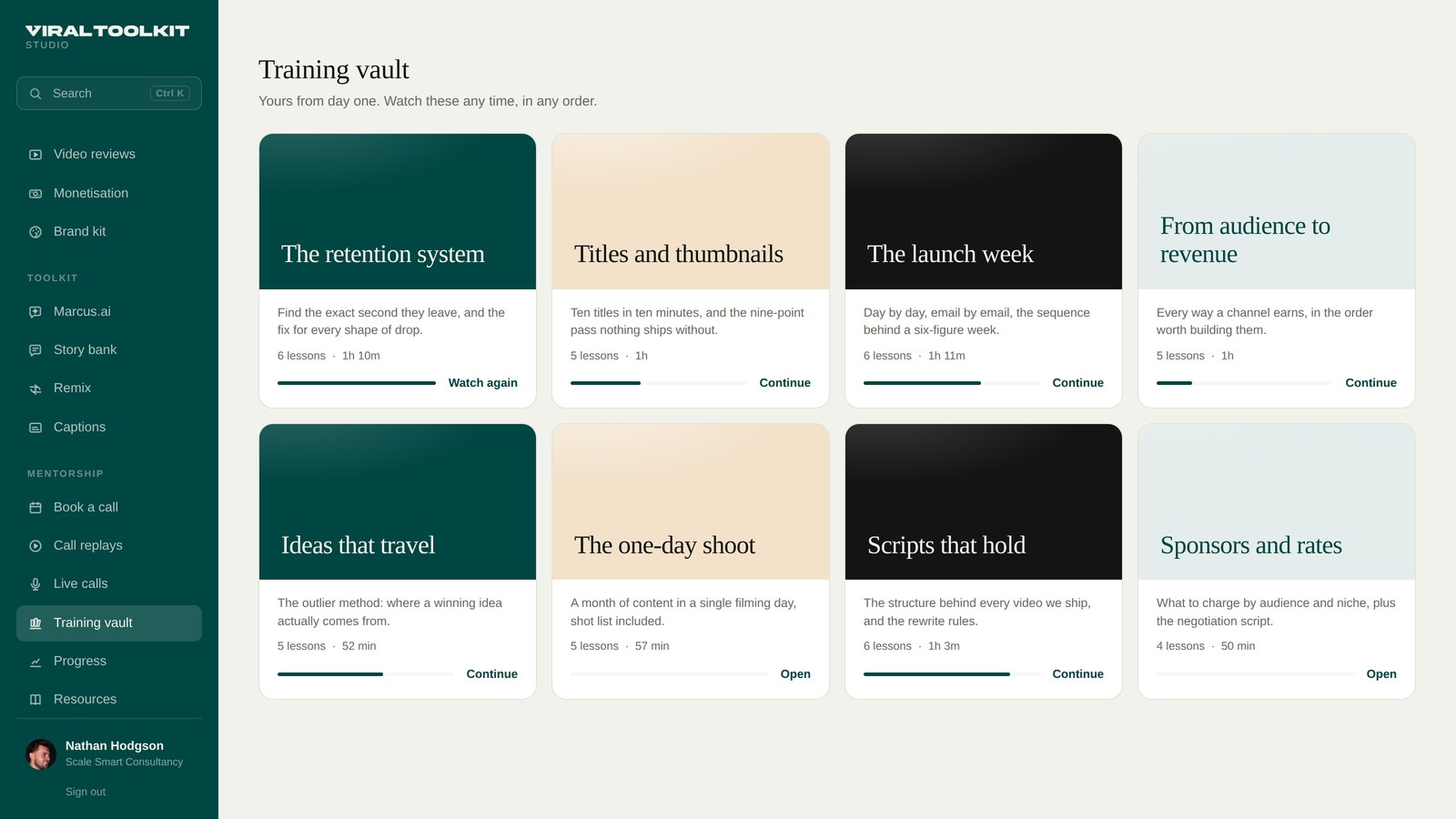 The training vault inside the Studio: the retention system, titles and thumbnails, the launch week, from audience to revenue and four more courses